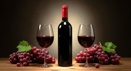 Elegant red wine bottle and two glasses with grapes on wooden table