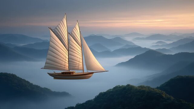 Sailing Boat Sailing in Misty Mountains