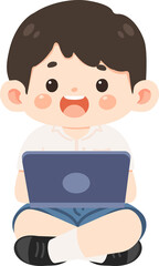 Vector illustration of a cartoon boy student using a laptop. Concept of online learning, education, technology, and modern study lifestyle. Perfect for school, e-learning, and digital education themes