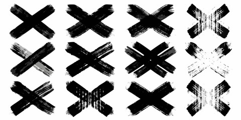 Obraz premium Collection of twelve diverse black and white brush stroke x marks and crosses on a white background
