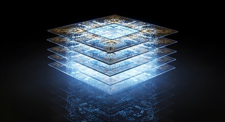 Abstract Glowing Square Layers on Dark Background.