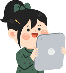 Cute vector illustration of a young girl using a digital tablet indoors. Concept of online learning, technology, communication, and modern lifestyle. Perfect for education, study, e-learning, and digi