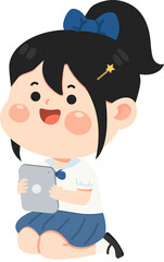 Vector illustration of a girl student holding a digital tablet with a cheerful expression. Concept of modern education, online learning, technology in school, and digital lifestyle for young learners.