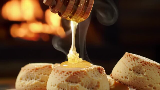 Golden Honey Drizzles Onto Freshly Baked Biscuits With A Warm Fireplace Glow In The Background
