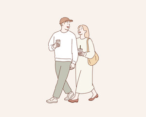 Romantic couple walking together with coffee, love and relationship concept, Hand drawn style vector design illustrations.