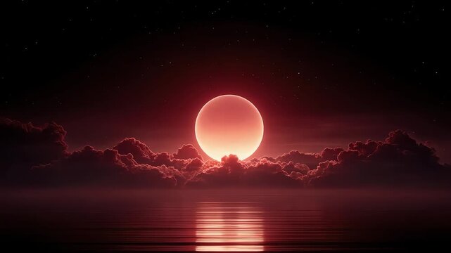 Magnificent Natural Scenery of Red Sun and Clouds at Sea