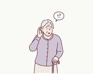 Elderly Woman Struggling to Hear with Hand on Ear Hand drawn style vector design illustrations.