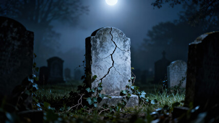 Plakat A cracked gravestone stands tall among other tombstones in a quiet cemetery. Bright moonlight casts eerie shadows, revealing vines creeping over the stone and enhancing the haunting atmosphere
