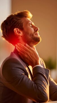 Exhausted businessman suffering from neck pain and muscle stiffness while working, touching the sore spot highlighted in red, indicating inflammation from overwork, stress, or poor posture