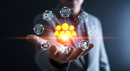 Businessman holding virtual screen with business process management concept