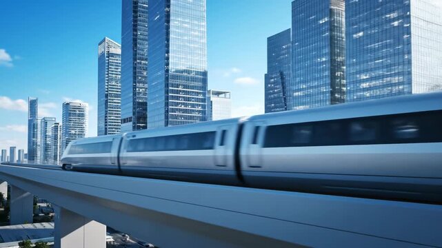 High speed train moving on an elevated track near modern city buildings, with a clear sky, for future urban transport footage.
