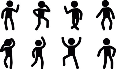 Stickman silhouette collection showing multiple dance and movement gestures, including standing, jumping, waving, and playful body poses for creative vector design and motion concept