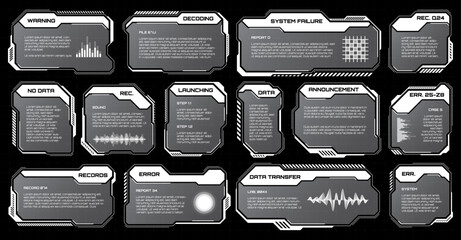 White futuristic HUD, UI elements. Sci-fi user interface text boxes, callouts. Warning message frames, information boxes template. Modern game interface layout in digital style. Vector illustration