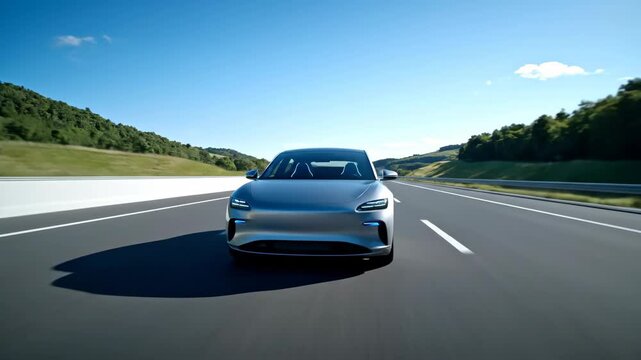 Silver electric car driving on an open highway. Autonomous vehicle technology for future transportation system.