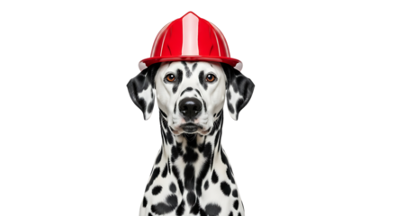 Dalmatian dog, wearing a red and white striped firefighter helmet, cutout, PNG isolated on white or transparent background