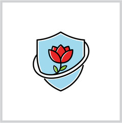 Creative shield logo with a beautiful red rose flower inside. A minimalist emblem symbolizing protection, nature, security, and organic beauty. Modern line art icon for wellness and eco concepts