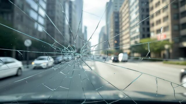 Cracked Windshield View of Busy City Street Traffic with Modern Buildings and Cars in Motion During Daytime Commute