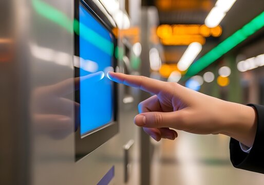 Hand touching interactive touchscreen at kiosk in subway station, focus on modern UI technology, transport access and customer interface concept - Powered by Adobe