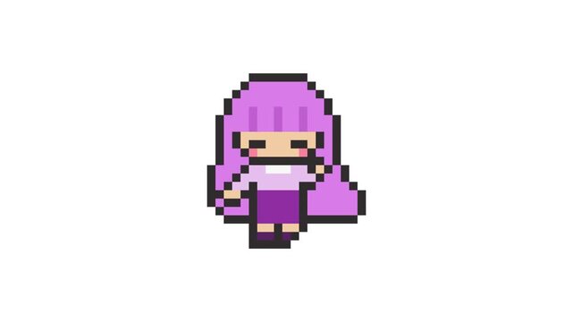 8-bit pixel art long purple hair girl flick her hair gracefully. looped animation 4k 30fps