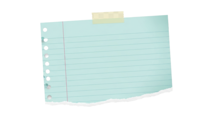 Torn pastel blue lined paper note with tape on corner, isolated on transparent background, clean flat lay stationery mockup PNG Clean