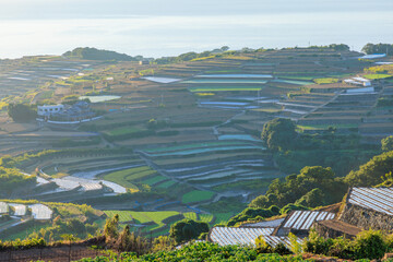 夕暮れ時の秋の南串山棚畑展望台から見た景色　長崎県雲仙市　Autumn view from Minamikushimayama Terrace Field Observatory at dusk. Nagasaki Pref, Unzen City.
