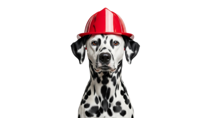 Dalmatian dog, wearing a red and white striped firefighter helmet looking forward, cutout, PNG isolated on white or transparent background