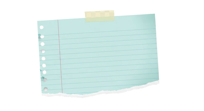 Torn pastel blue lined paper note with tape on corner, isolated on transparent background, clean flat lay stationery mockup PNG Clean
