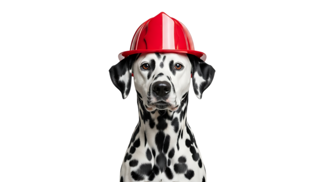 Dalmatian dog, wearing a red and white striped firefighter helmet looking forward, cutout, PNG isolated on white or transparent background
