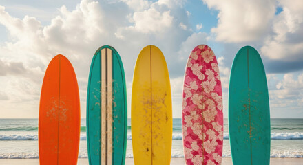 Colorful surfboards lined up on a sandy beach with ocean and sky background