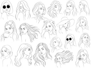 Elegant Woman Line Art Clipart Set, Fashion Female Portrait Collection with Hairstyles, Sunglasses, and Coffee Cup Illustrations