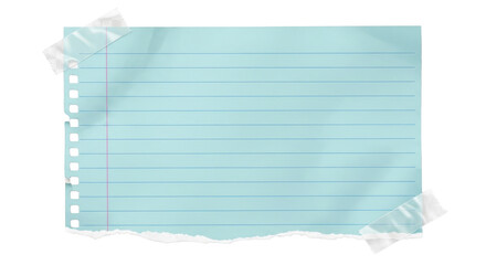 Torn pastel blue lined paper note with tape on corner, isolated on transparent background, clean flat lay stationery mockup PNG Clean
