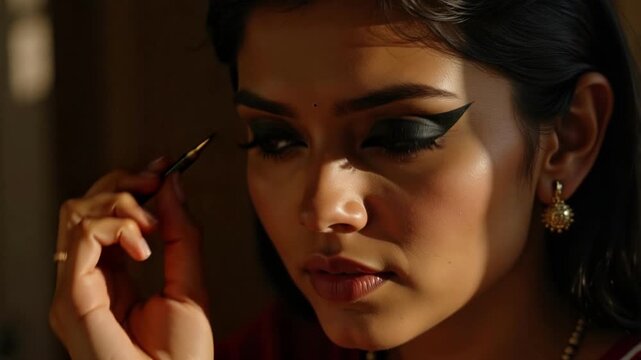 Intense Focus A Young Indian Woman Expertly Applies Kohl Eyeliner in Stunning 4K Detail for Beauty, Fashion, and Cultural Authenticity