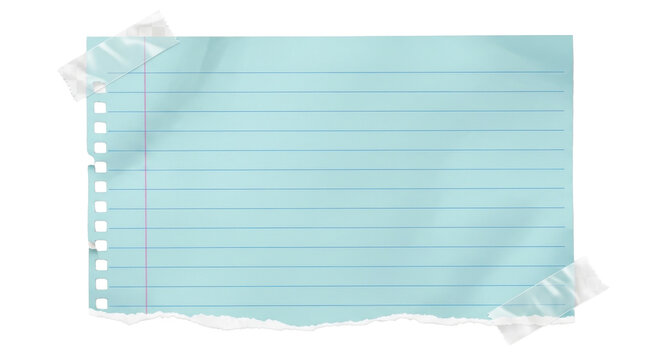 Torn pastel blue lined paper note with tape on corner, isolated on transparent background, clean flat lay stationery mockup PNG Clean