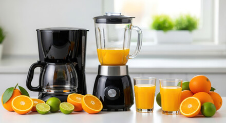 Kitchen counter with coffee maker blender and fresh citrus fruits and juice