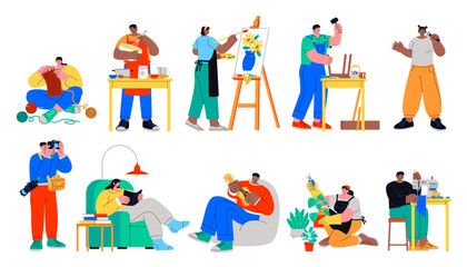 Collection of people practicing various creative hobbies in hand-drawn flat style