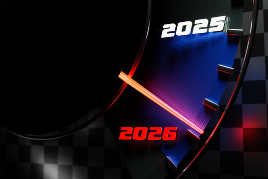 3D illustration close up black speedometer with cutoffs 2025,2026 . The concept of the new year and Christmas in the automotive field. Counting months, time until the new year