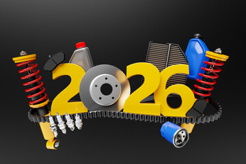 3d illustration design happy new year 2025 with auto parts for auto mechanic service concept isolated on black background.