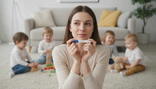 A pensive woman holds a pregnancy test, contemplating the future of her large family. - Powered by Adobe