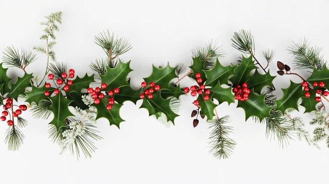 Christmas holly garland decoration on white background