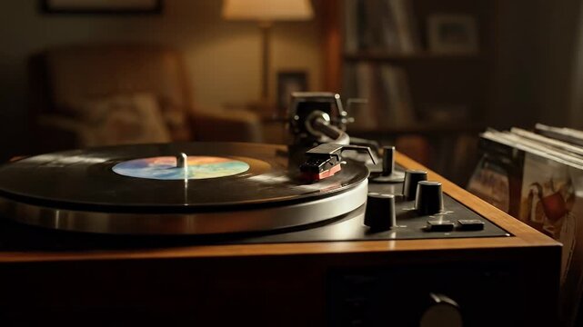 Vinyl Record Spinning on Turntable in Warm, Cozy Living Room