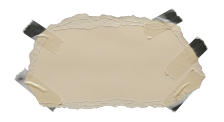 Torn polygonal paper scrap with taped edges, rough torn paper texture, beige color, isolated on black background, high detail torn edges PNG Clean