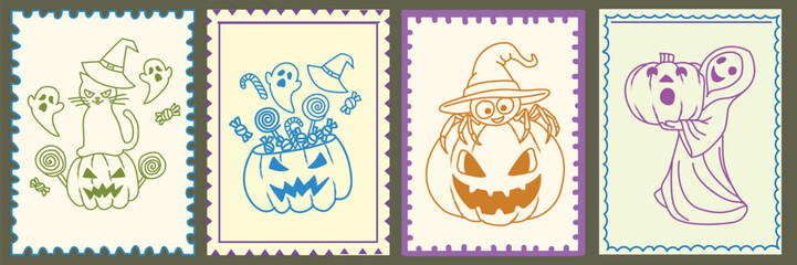 Creative Halloween stamp set featuring witch cat, ghost, pumpkin, candy and spider illustrations. Cute spooky doodle art perfect for greeting cards, stickers, invitations, and festive design projects.