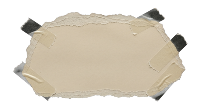 Torn polygonal paper scrap with taped edges, rough torn paper texture, beige color, isolated on black background, high detail torn edges PNG Clean