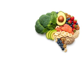 Brain-shaped arrangement of healthy foods on white background promoting mental health and nutrition, ideal for diet awareness and brain boosting content