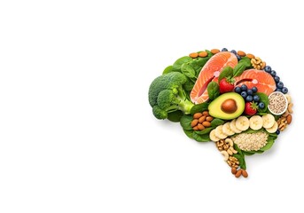 Brain-shaped arrangement of healthy foods on white background promoting mental health and nutrition, ideal for diet awareness and brain boosting content