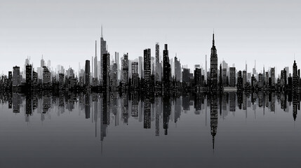 Obraz premium A captivating cityscape with stunning reflections on the water. The tall buildings create a mesmerizing silhouette against the sky. 