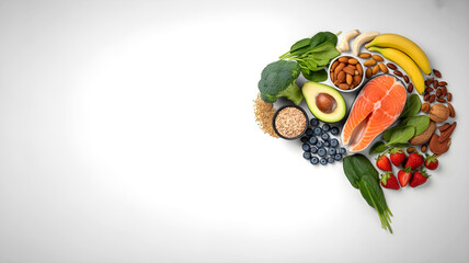 Brain-shaped arrangement of healthy foods on white background promoting mental health and nutrition, ideal for diet awareness and brain boosting content