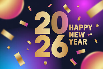 Celebrate the exciting arrival of 2026 with vibrant golden confetti and glowing spheres creating a dynamic, festive New Year's Eve atmosphere