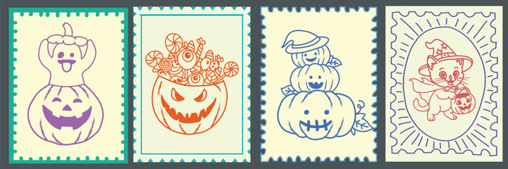 Creative Halloween stamp set featuring ghost, pumpkin, candy basket and witch cat illustrations. Cute spooky doodle art perfect for greeting cards, stickers, invitations, and festive design projects.