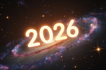 Bright luminous 2026 numbers glowing against a vibrant cosmic nebula backdrop with distant stars creating a powerful future vision